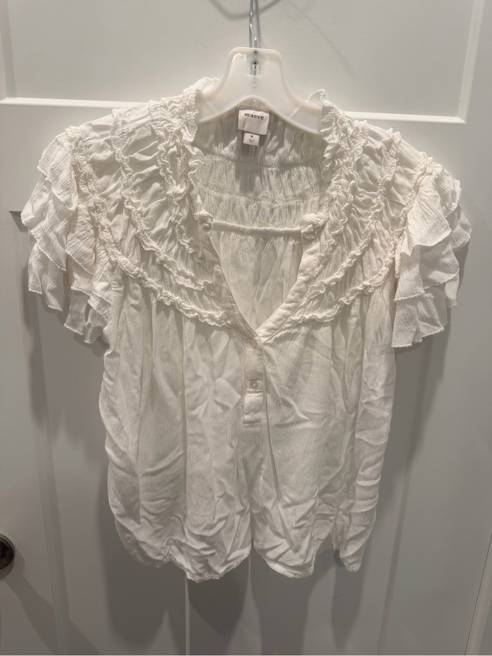 Maeve Anthropologie White Ruffle Blouse Size M Flutter Sleeve V Neck